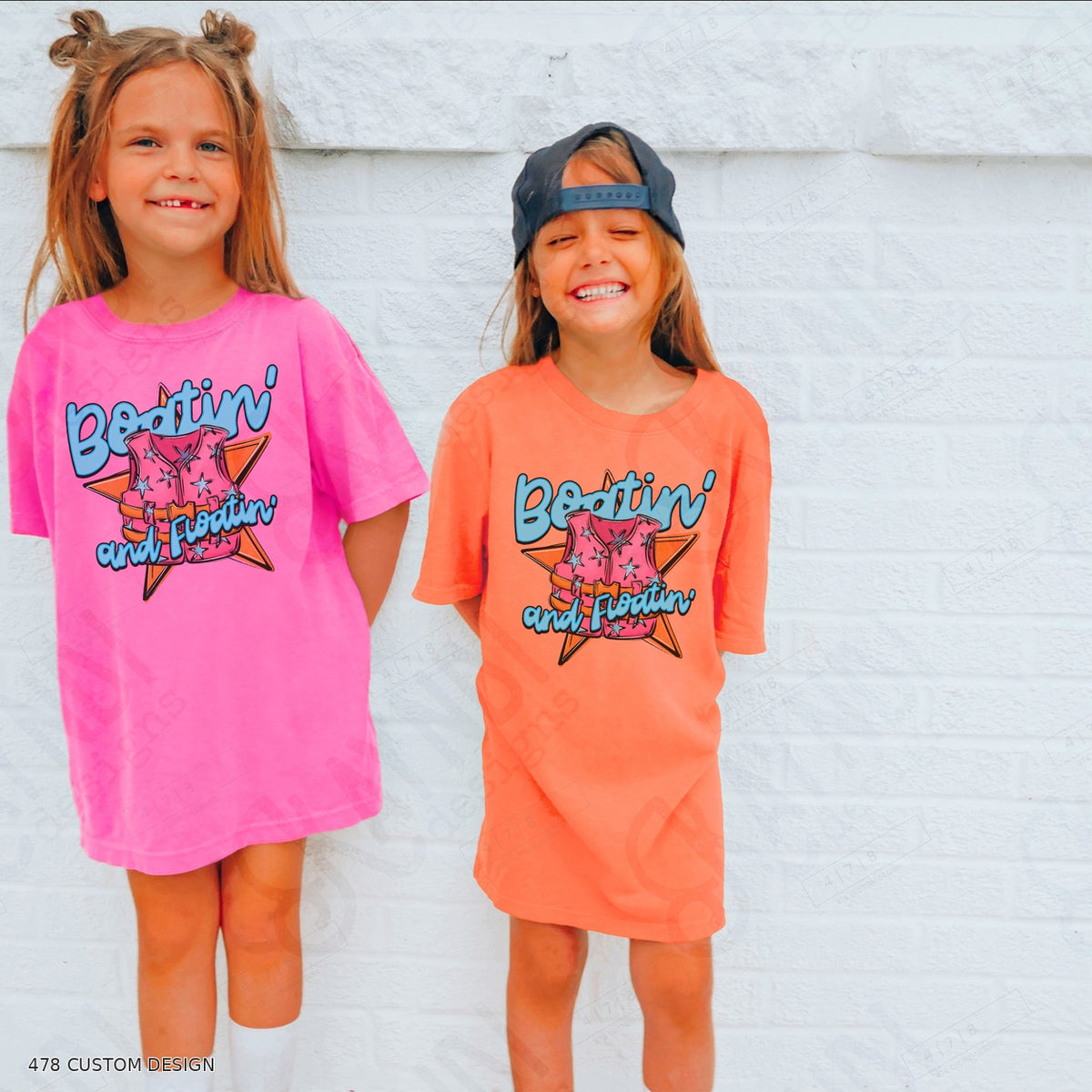 Boatin’ & Floatin’ Shirts — Design Color Choices example 2 Boatin and Floatin Pink Orange 478 Custom Design watermarked garment mockup