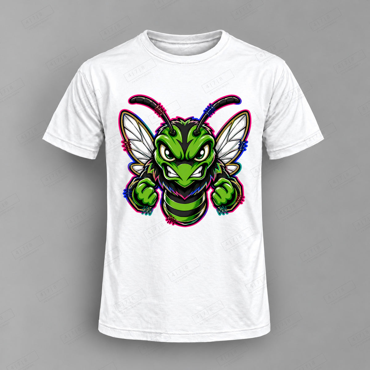 aiassis Mascot Green Hornets Top shown on white shirt — 478 Custom Design