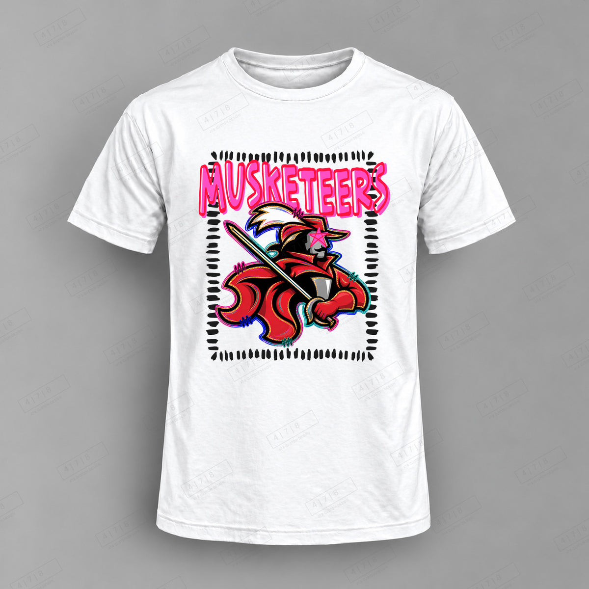 Starstruck Musketeers 2 Top shown on white shirt — 478 Custom Design
