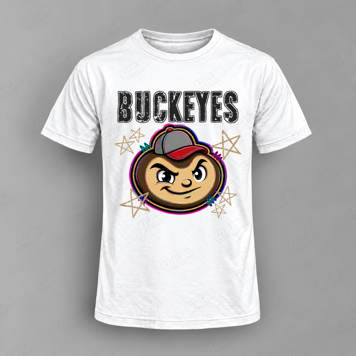 Grunge Varsity Buckeyes Top shown on white shirt — 478 Custom Design