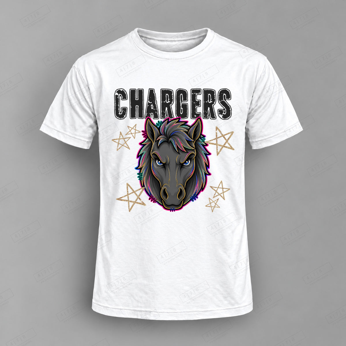 Grunge Varsity Chargers Top shown on white shirt — 478 Custom Design