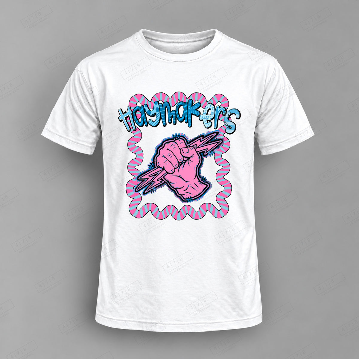 Whimsy Haymakers Top shown on white shirt — 478 Custom Design