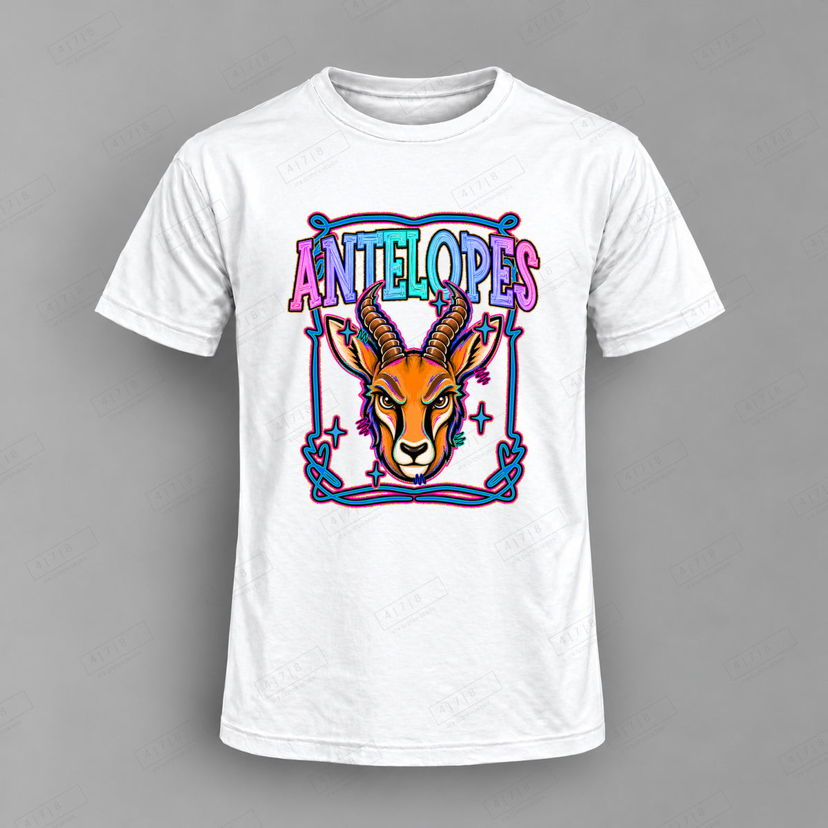Retro Pop Antelopes Top shown on white shirt — 478 Custom Design