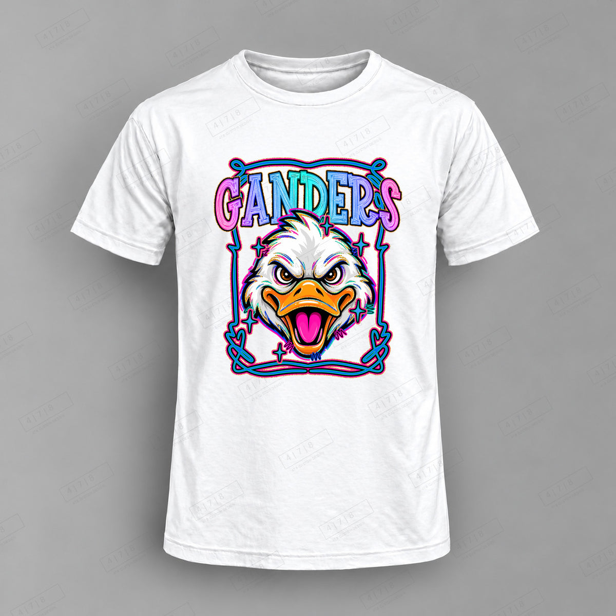 Retro Pop Ganders Top shown on white shirt — 478 Custom Design