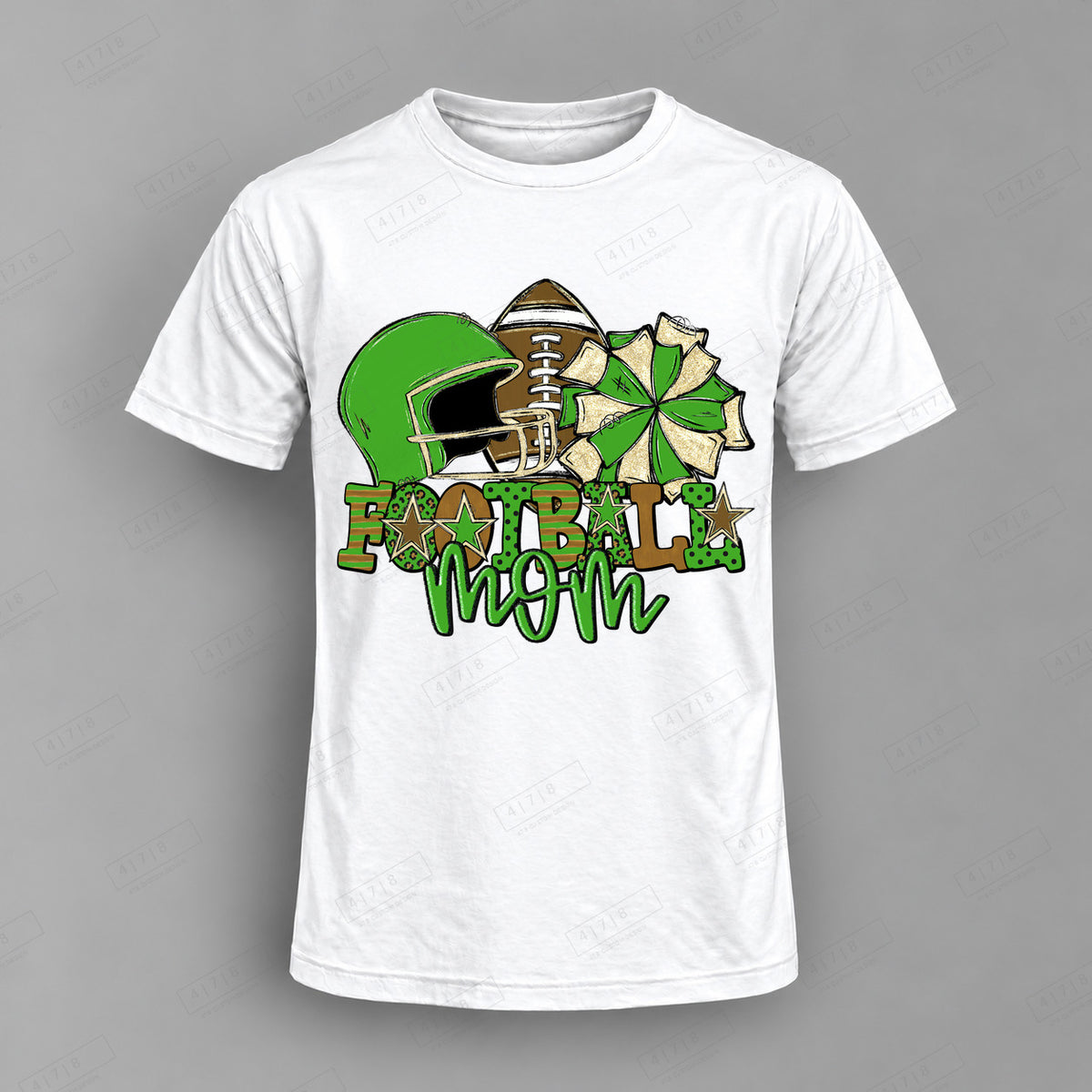 Football Mom Kelly Green Top shown on white shirt — 478 Custom Design