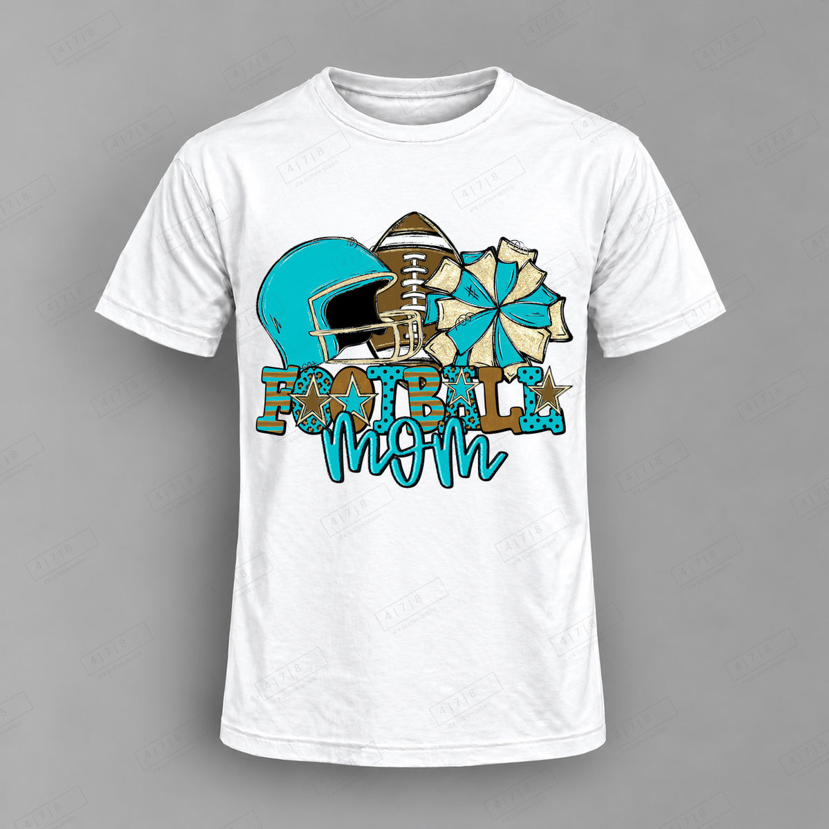 Football Mom Turquoise Top shown on white shirt — 478 Custom Design