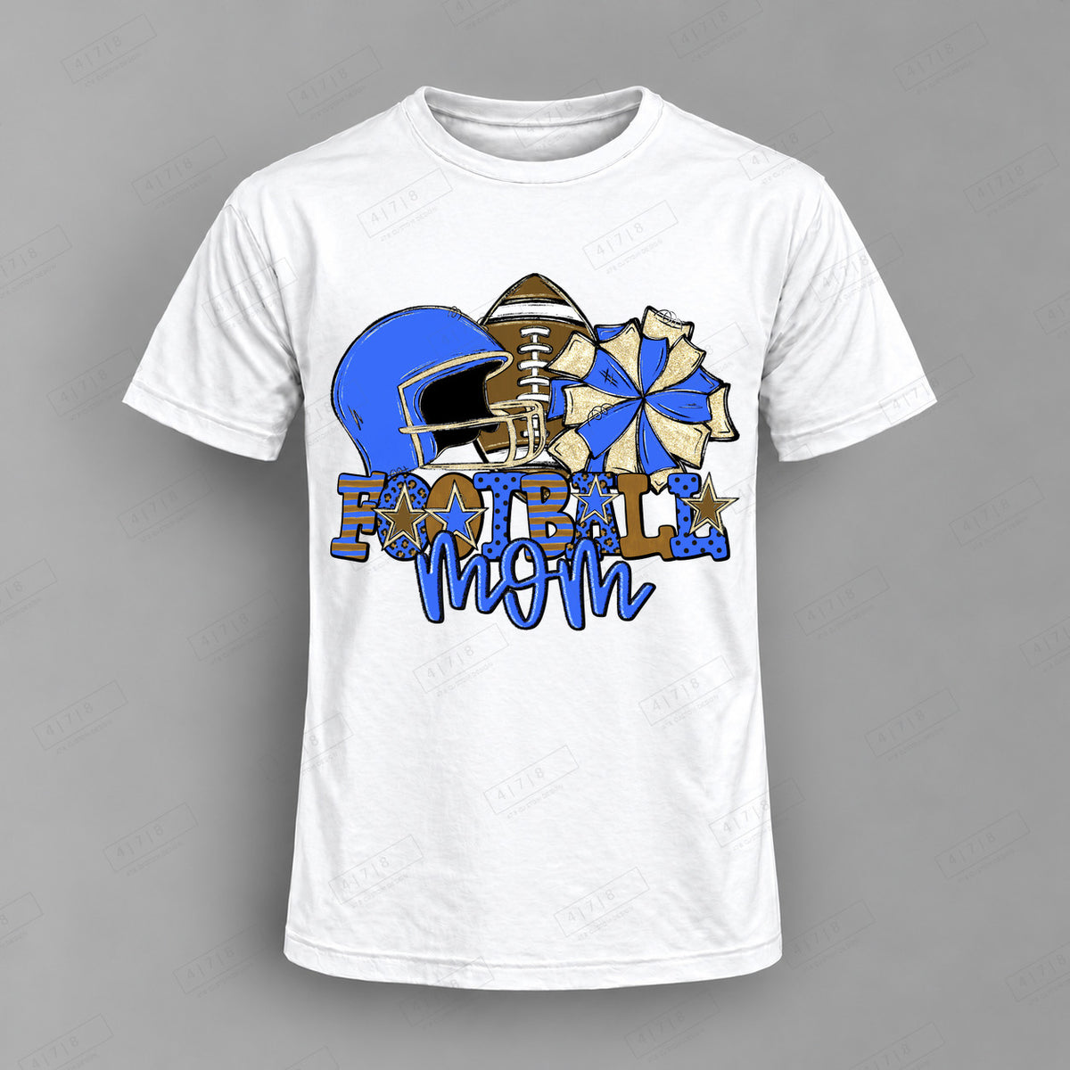 Football Mom Royal Blue Top shown on white shirt — 478 Custom Design