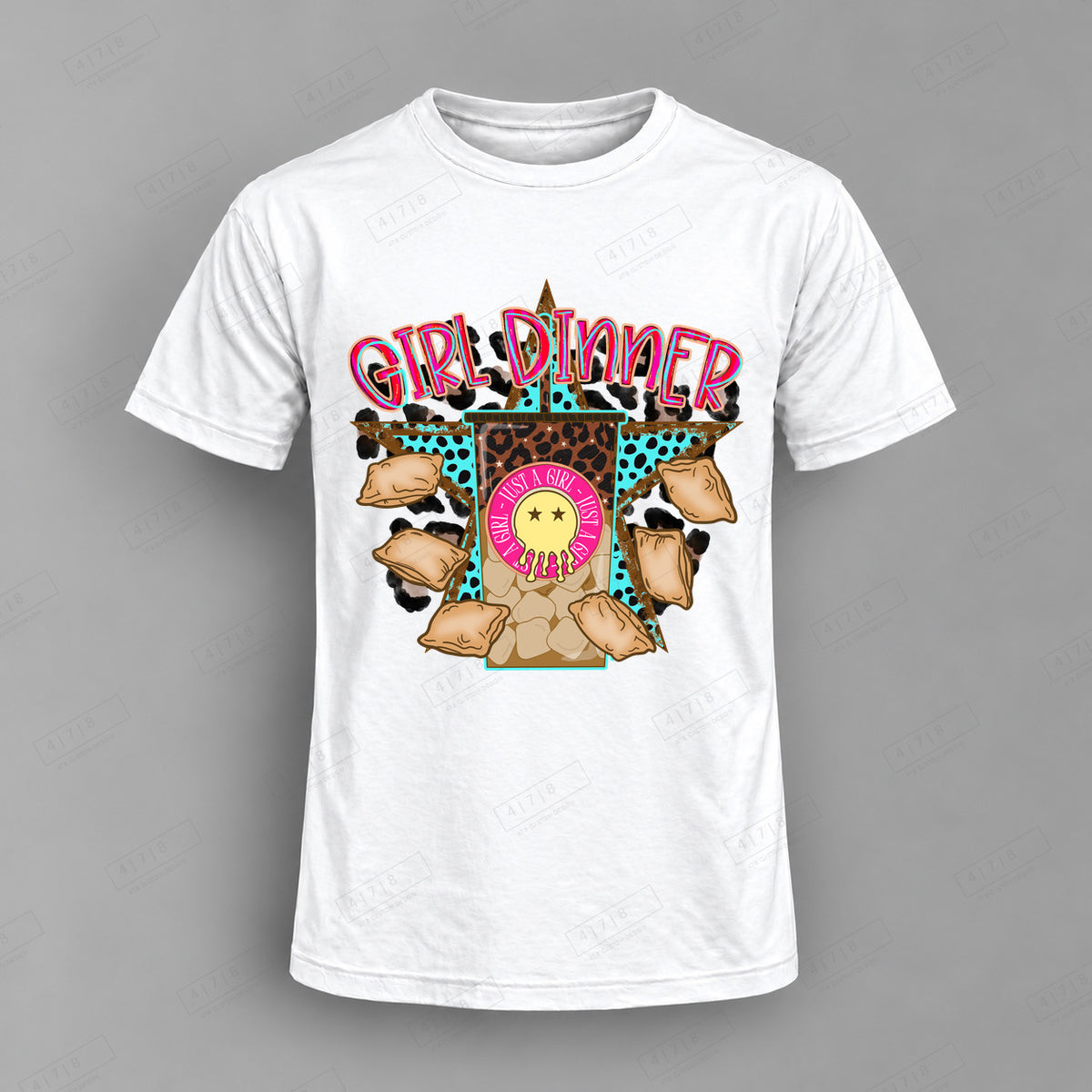 Girl Dinner Top shown on white shirt — 478 Custom Design