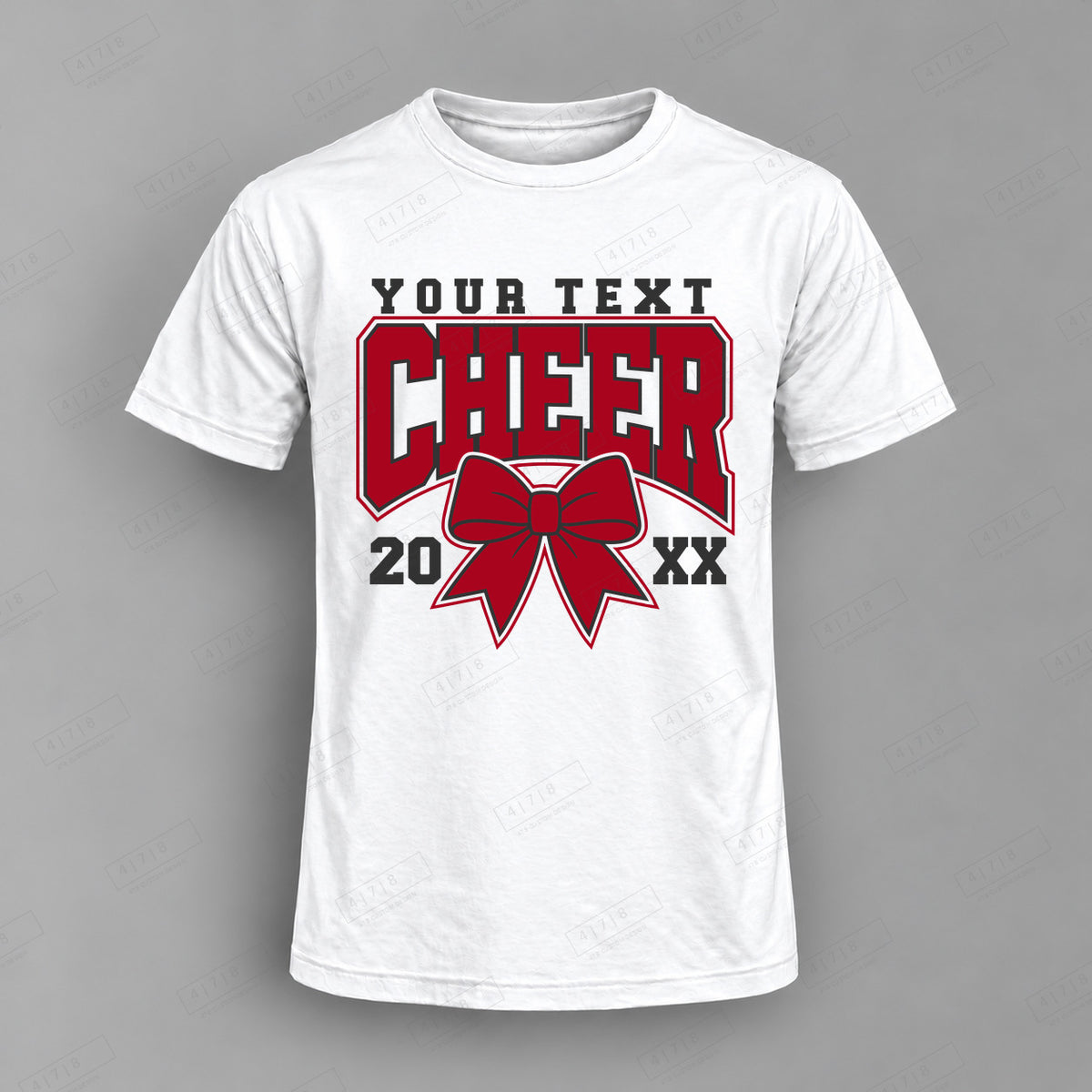 Custom Cheer Design 9-004 Top white shirt mockup with 478 Custom Design watermark