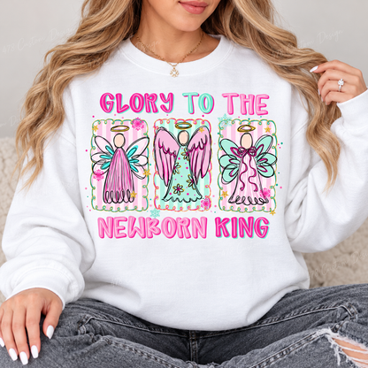 Glory to the Newborn King pastel angels design on White crewneck sweatshirt
