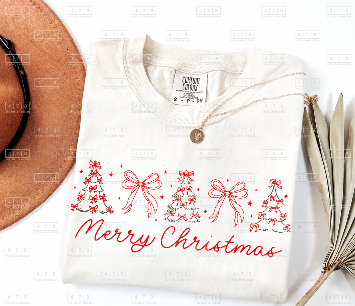 Merry Christmas Trees and Bows Top apparel mockup