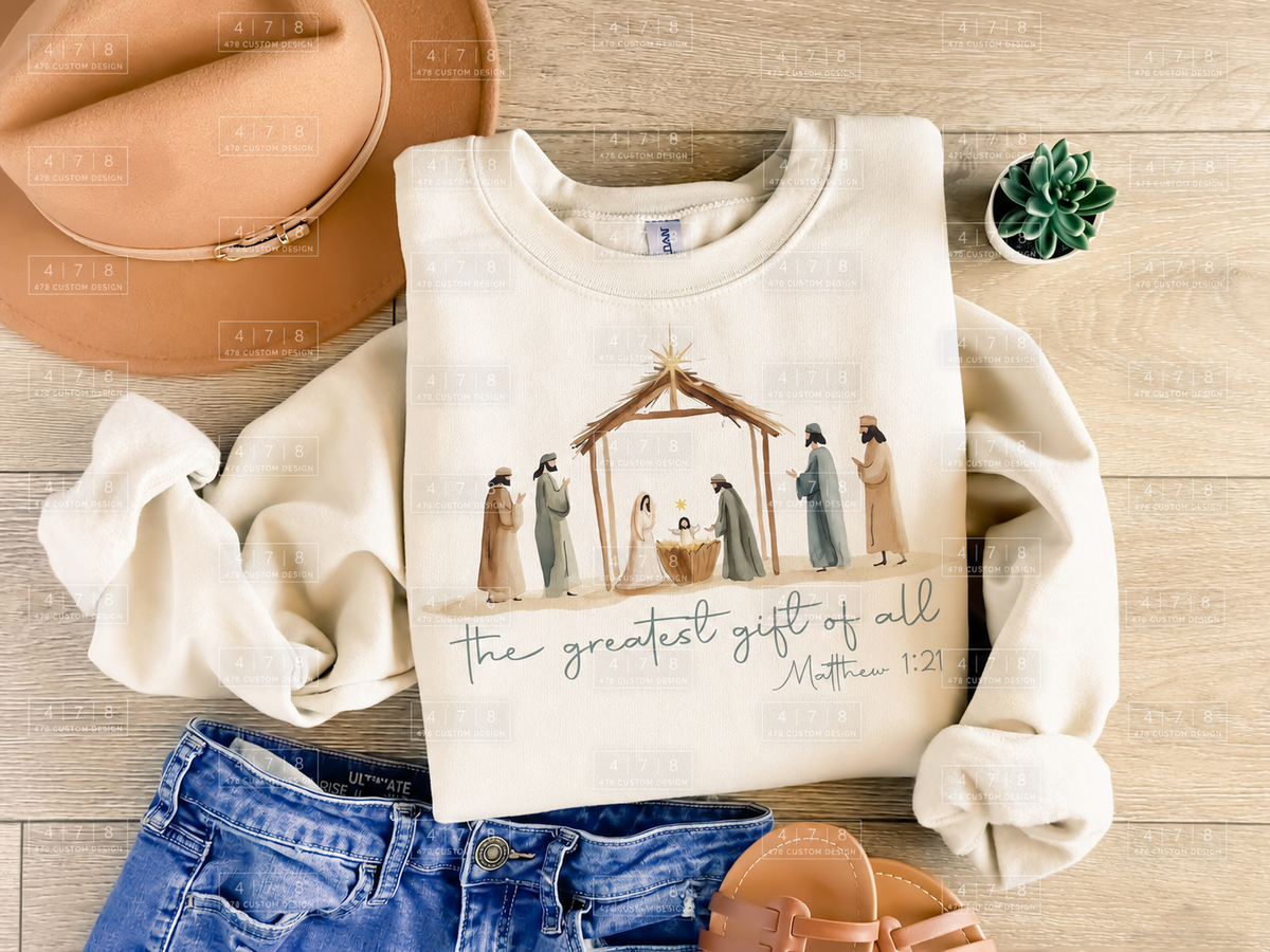 The Greatest Gift of All Neutral Nativity Top apparel mockup