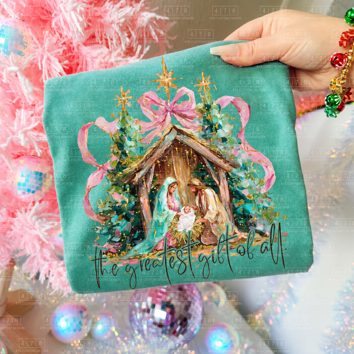 The Greatest Gift of All Colorful Nativity Top apparel mockup
