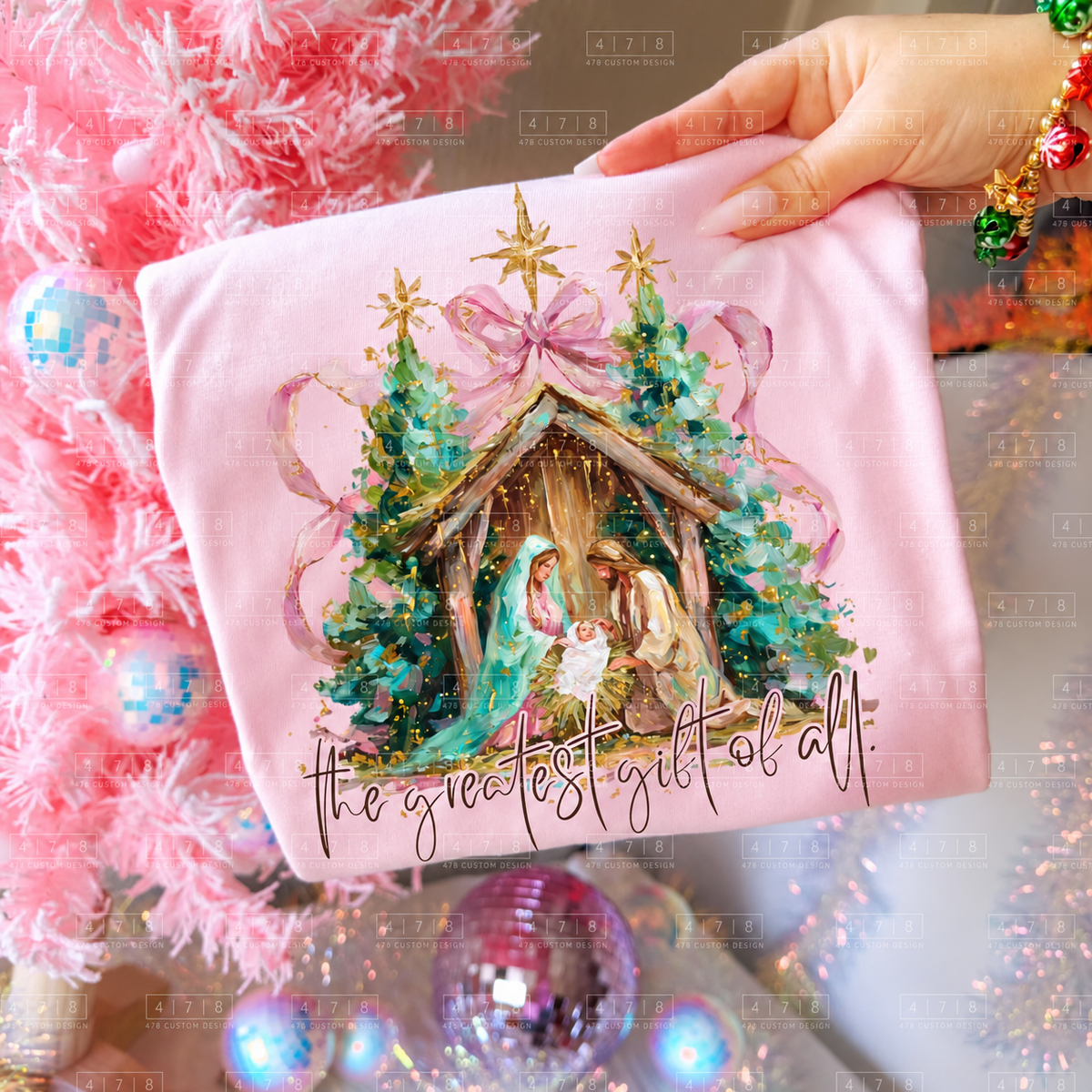 The Greatest Gift of All Colorful Nativity Top apparel mockup