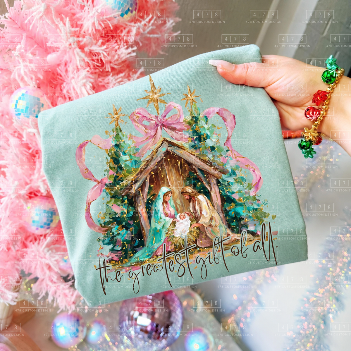 The Greatest Gift of All Colorful Nativity Top apparel mockup