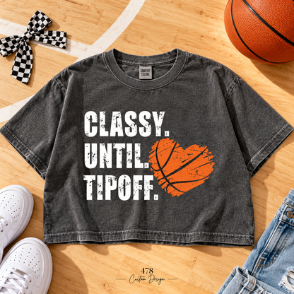Pepper Comfort Colors boxy crop tee with Classy Until Tipoff basketball heart design