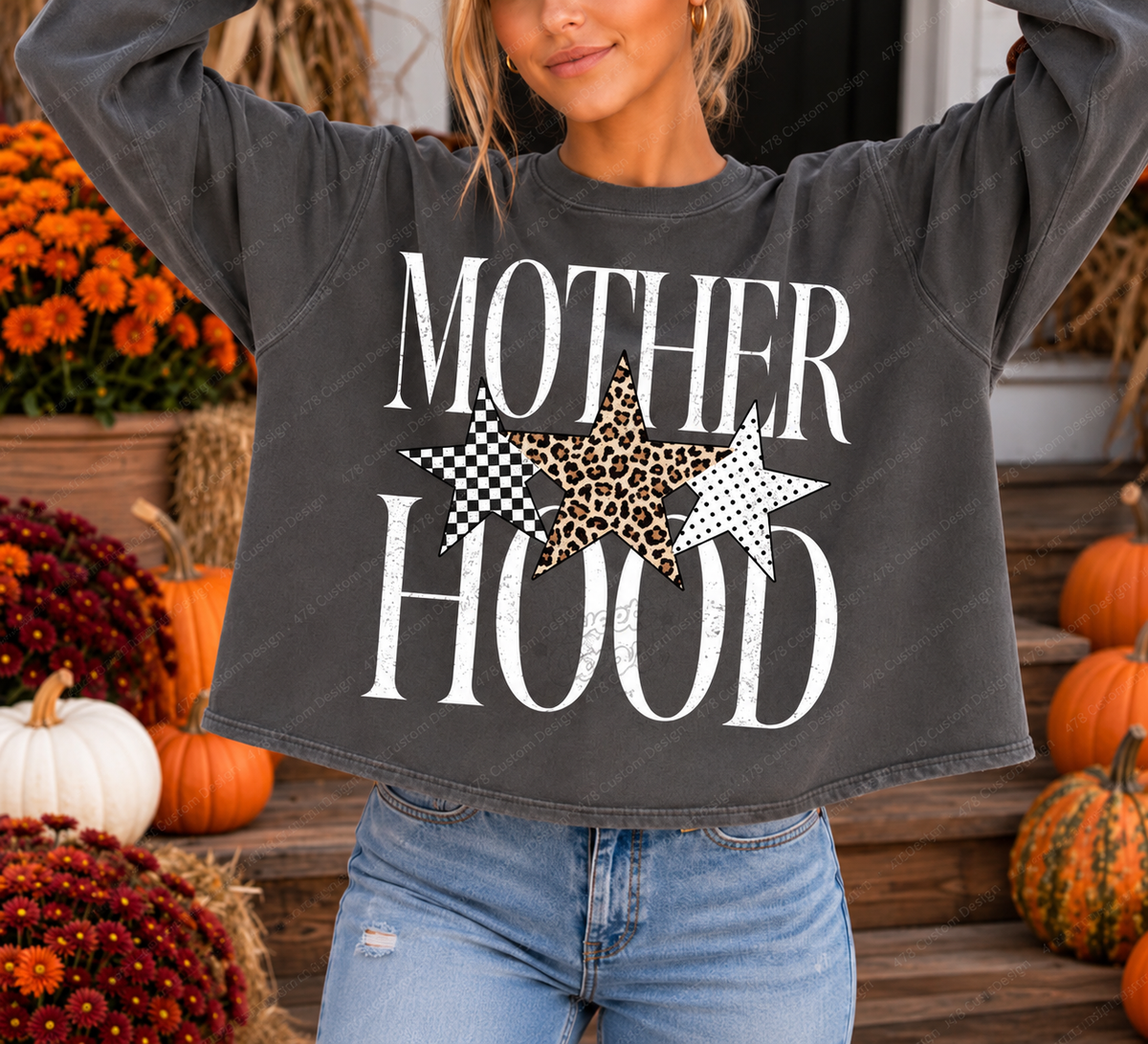 Motherhood Patterned Stars Top — Choose Your Finish — clean apparel mockup 1