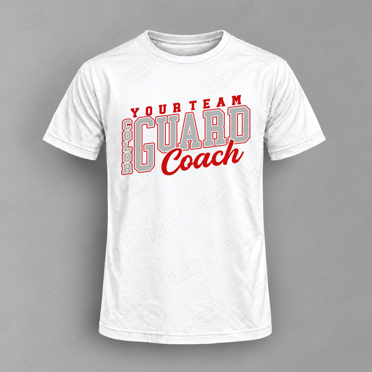 Custom Color Guard Coach Design 3-color guard coach Top white shirt mockup with 478 Custom Design watermark