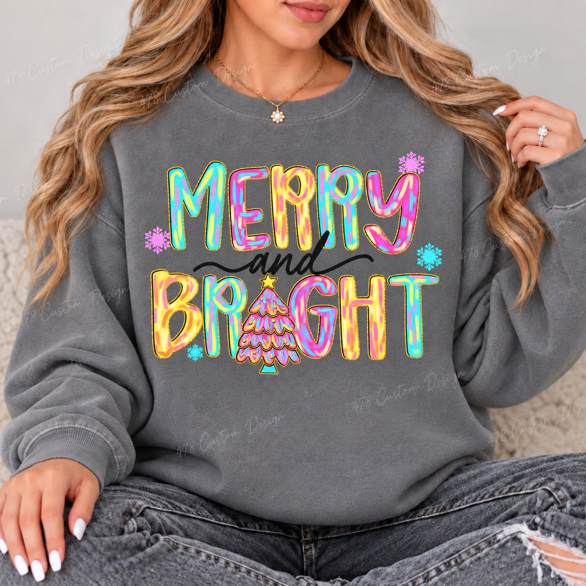 Colorful Merry and Bright Christmas Top design on a Grey crewneck sweatshirt