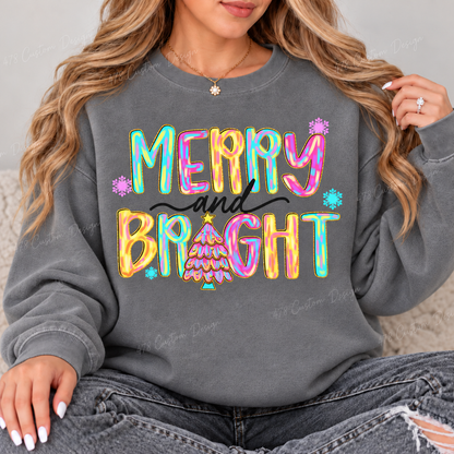 Colorful Merry and Bright Christmas Top design on a Grey crewneck sweatshirt