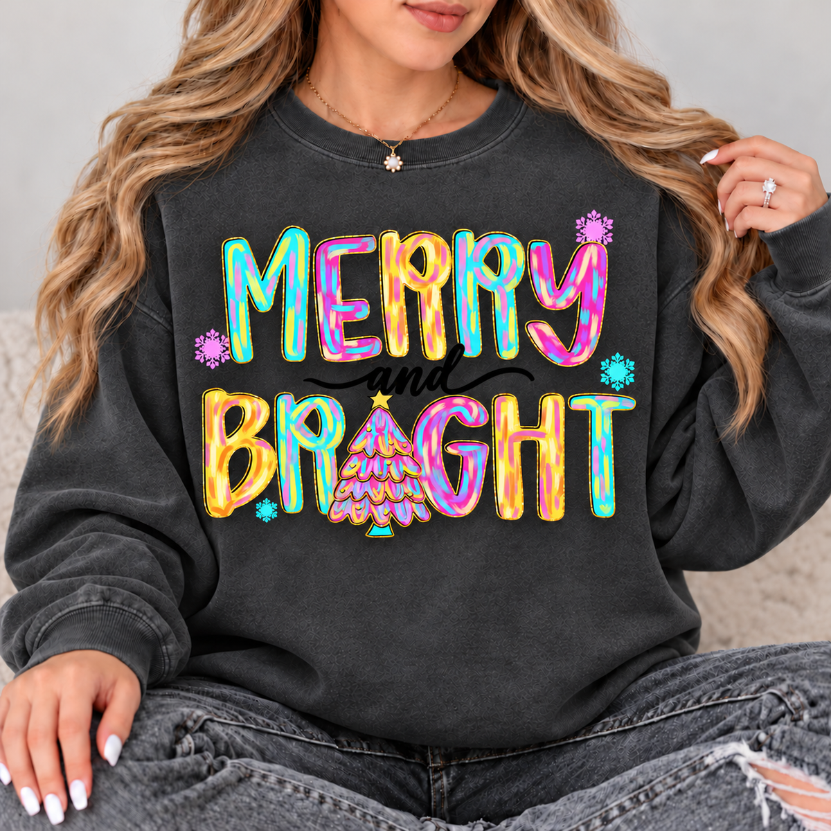 Colorful Merry and Bright Christmas Top design on a Pepper crewneck sweatshirt