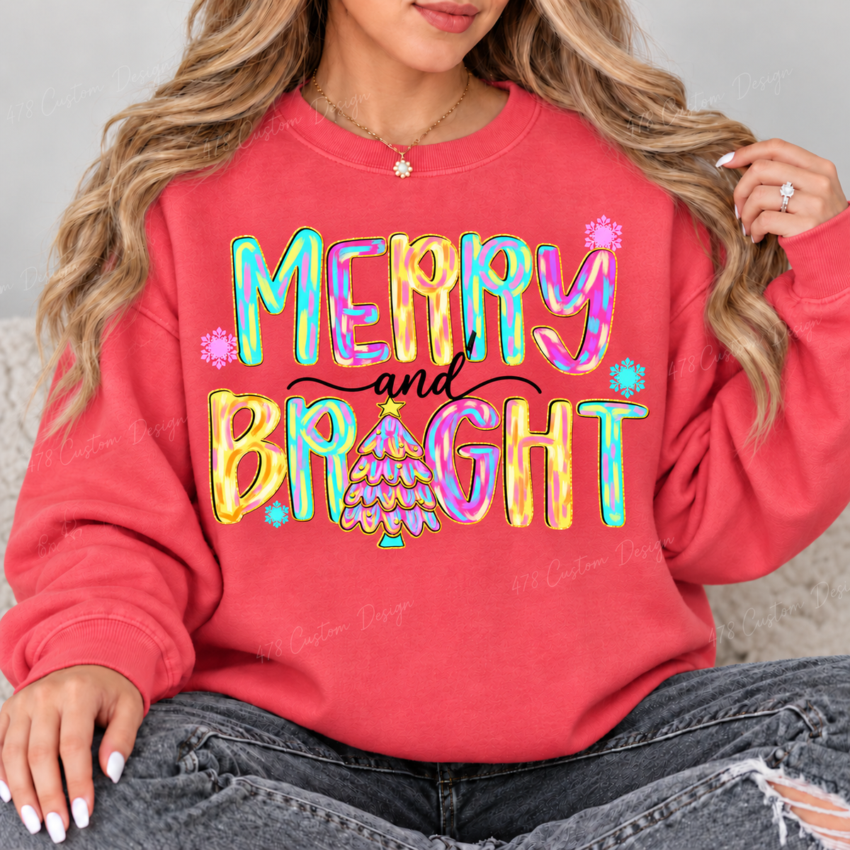 Colorful Merry and Bright Christmas Top design on a Watermelon crewneck sweatshirt