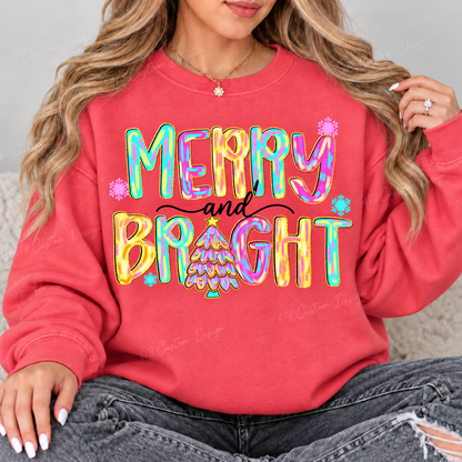 Colorful Merry and Bright Christmas Top design on a Watermelon crewneck sweatshirt