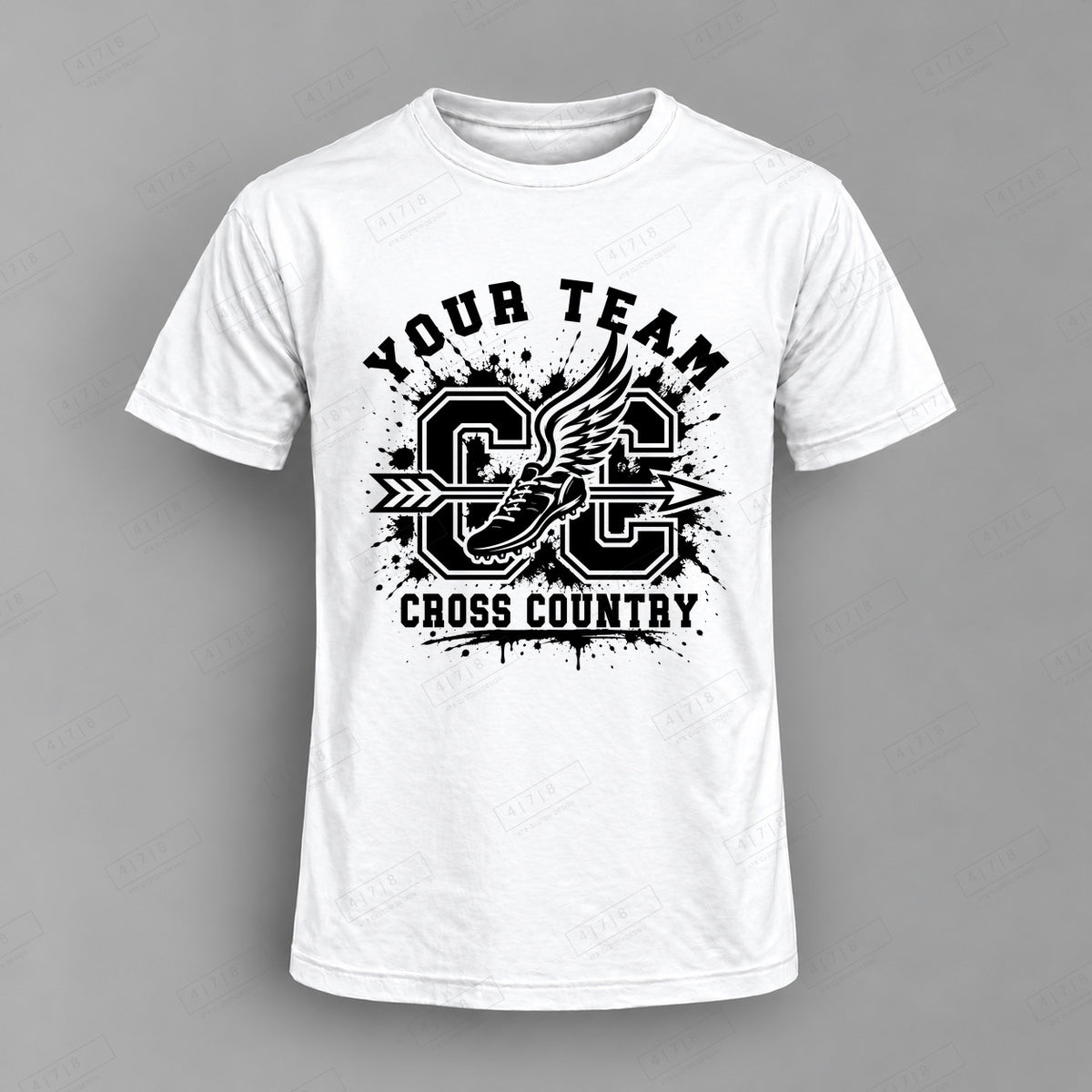 Custom Cross Country Design 3-0030  cc blk Top white shirt mockup with 478 Custom Design watermark