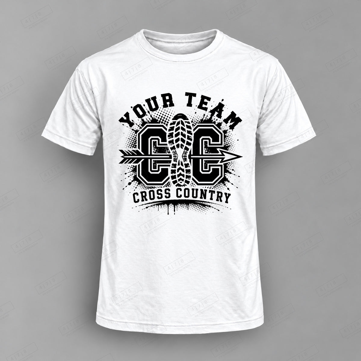 Custom Cross Country Design 3-0031  cc blk Top white shirt mockup with 478 Custom Design watermark