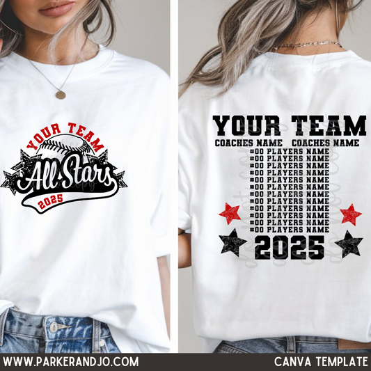 Custom Allstar Baseball Team Top mockup showing the front and back design.