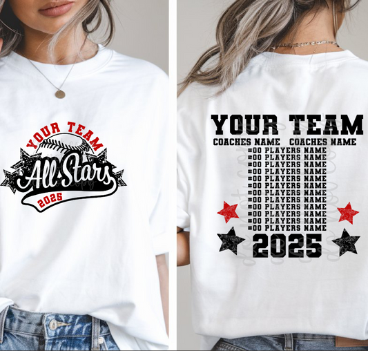 Custom Allstar Baseball Team Top mockup showing the front and back design.