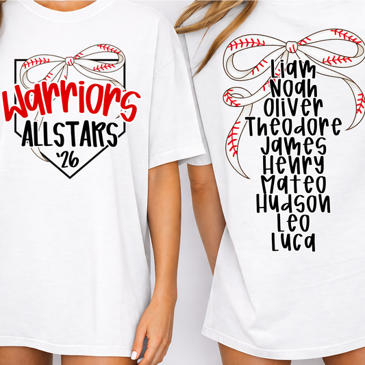 Custom Baseball Bow Allstars Top mockup showing the front and back design.