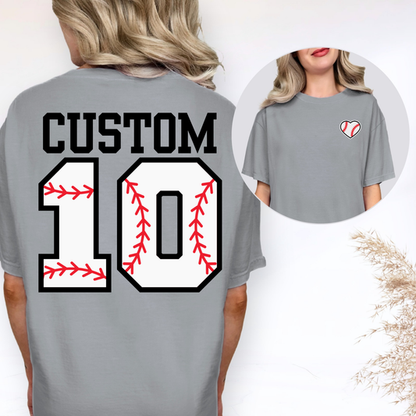 Custom Baseball Numbers And Heart Top mockup showing the front and back design.