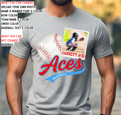 Custom Baseball Polaroid Top mockup showing the pictured apparel design.