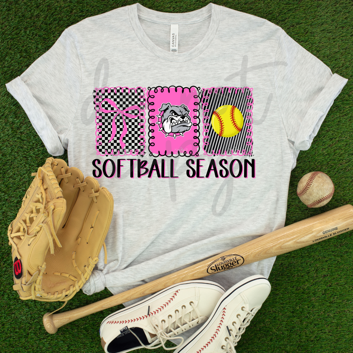 Custom Baseball Season Softball Season Doodle Frame Top mockup showing the pictured apparel design.