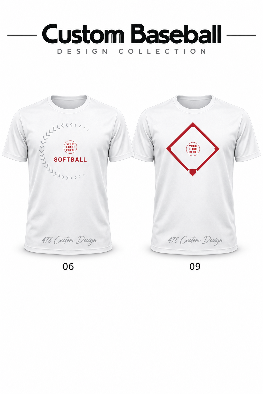 Custom-Baseball numbered design choices on full-length short-sleeve performance shirts