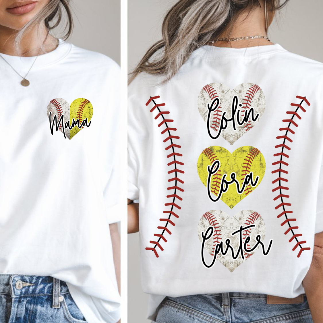 Custom Baseball Softball Mama Distressed Hearts Top mockup showing the front and back design.