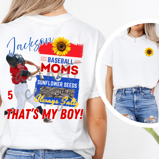 Custom Baseball Softball Moms And Sunflower Seeds Always Salty Photo Top mockup showing the front and back design.