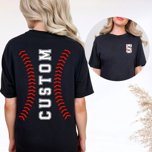 Custom Baseball Stitching Top mockup showing the front and back design.