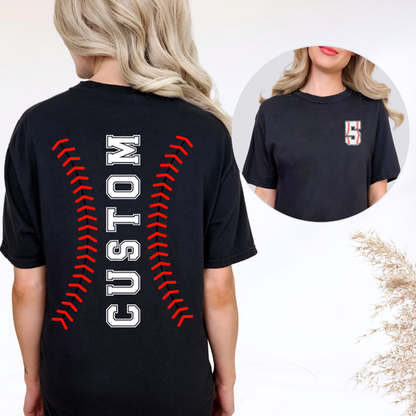 Custom Baseball Stitching Top mockup showing the front and back design.