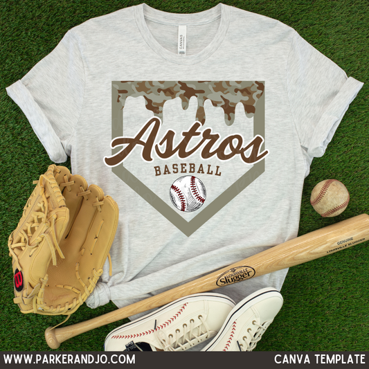 Custom Camo Drip Baseball Top mockup showing the pictured apparel design.
