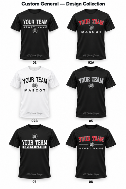 Six custom collegiate designs on full-length short-sleeve dri-fit shirts