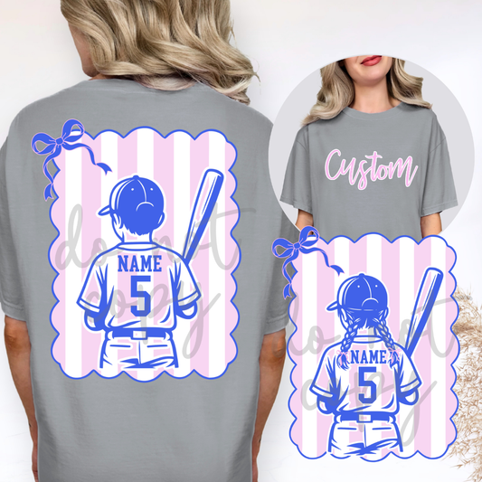 Custom Coquette Bow Stripes Baseball Boy And Girl Softball Top mockup showing the front and back design.