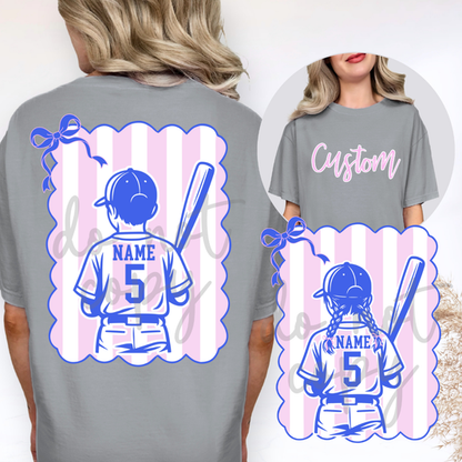 Custom Coquette Bow Stripes Baseball Boy And Girl Softball Top mockup showing the front and back design.