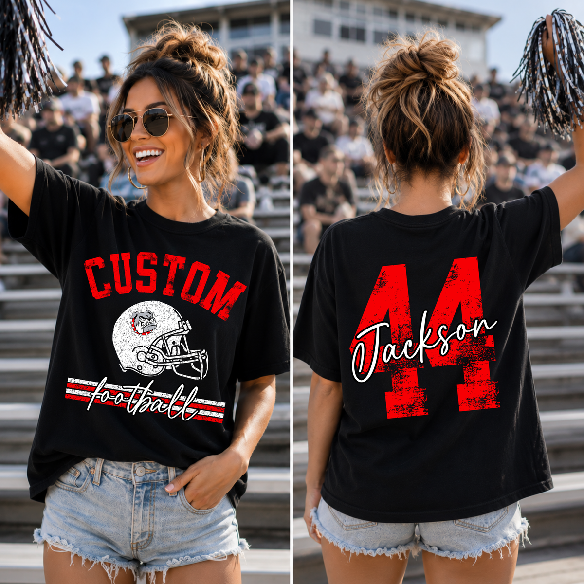 Custom Distressed Football Helmet and Number Top mockup showing the front and back design.