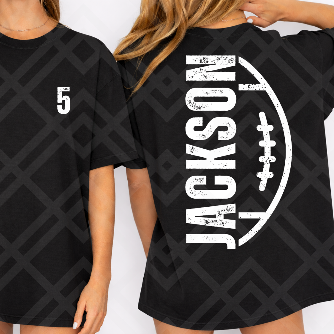 Custom Distressed Football Player Number Top mockup showing the front and back design.