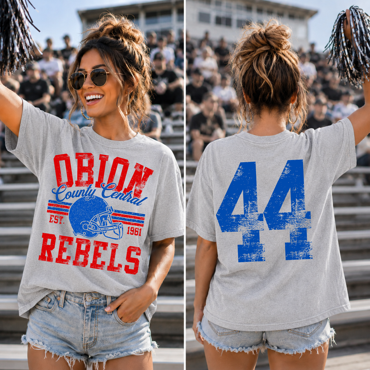 Custom Distressed Football Stripes Top mockup showing the front and back design.