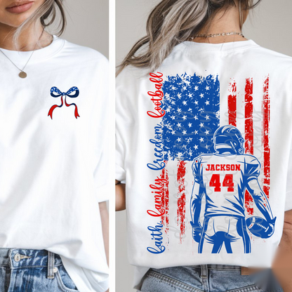 Custom Faith, Family, Freedom, Football Top mockup showing the front and back design.