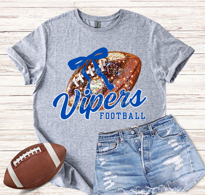 Custom Faux Glitter Football With Bow Top mockup showing the pictured apparel design.