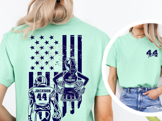 Custom Football And Cheer Flag Top mockup showing the front and back design.